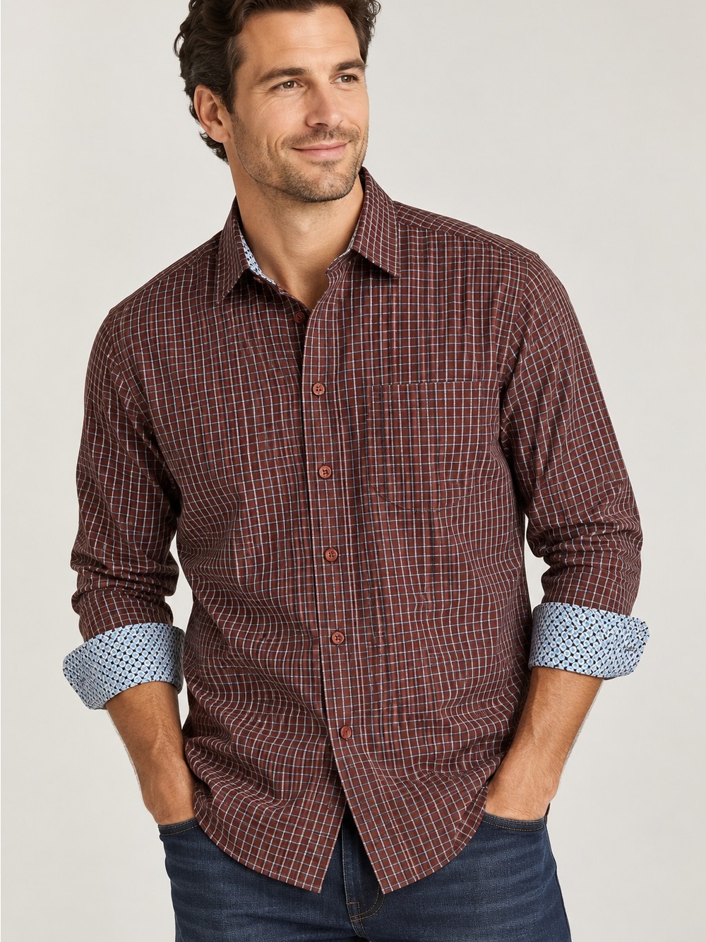 Johnston & Murphy Men’s Brown Blue Check Cotton Button Down Shirt L 🟫